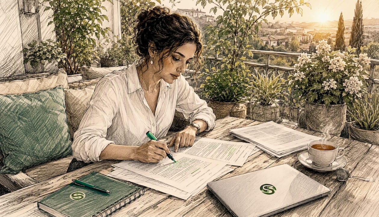 Legal professional reviewing contracts at desk