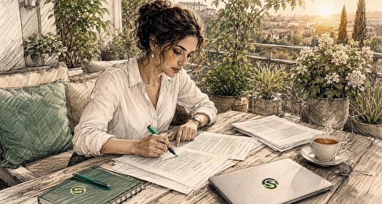 Legal professional reviewing contracts at desk