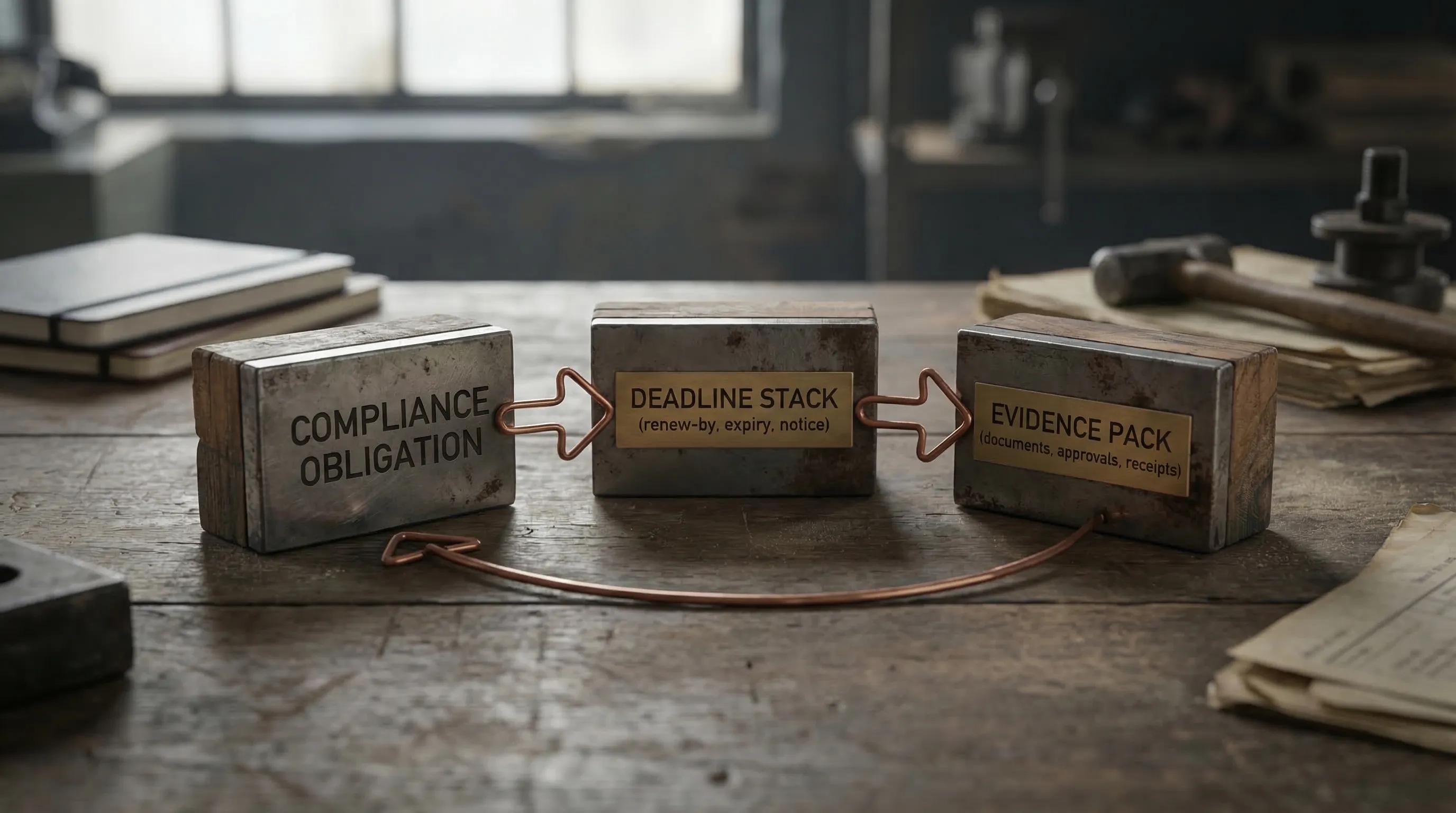 A simple visual showing three connected blocks labeled “Compliance obligation,” “Deadline stack (renew-by, expiry, notice),” and “Evidence pack (documents, approvals, receipts),” with arrows forming a loop to indicate ongoing renewals and audits.