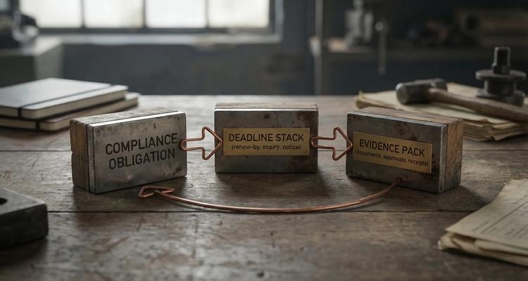 A simple visual showing three connected blocks labeled “Compliance obligation,” “Deadline stack (renew-by, expiry, notice),” and “Evidence pack (documents, approvals, receipts),” with arrows forming a loop to indicate ongoing renewals and audits.