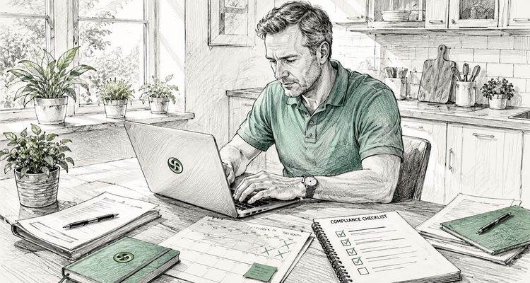 Hands typing on laptop with compliance checklist