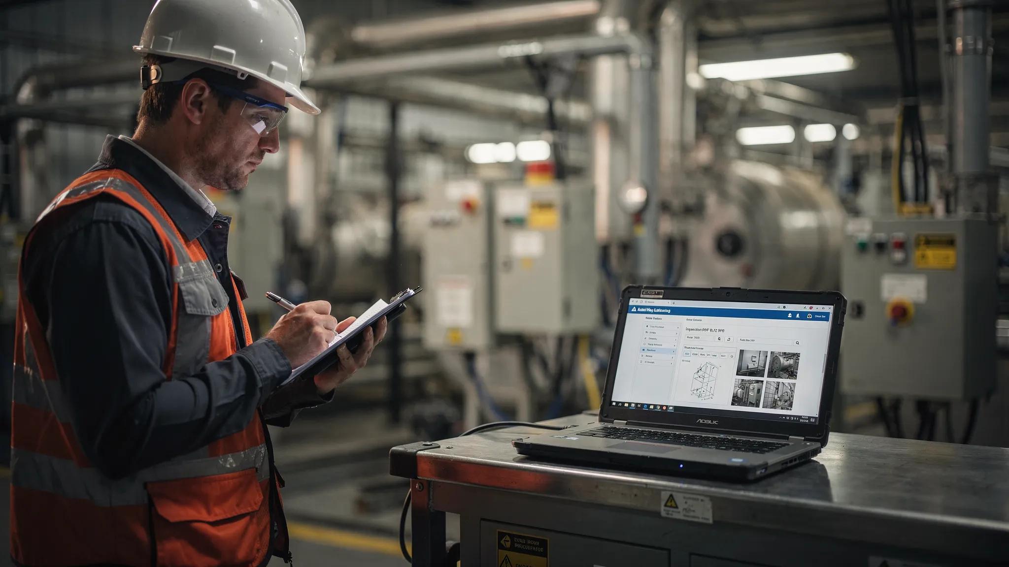 A technician holding a clipboard next to industrial equipment while another team member uploads an inspection PDF and photos to an asset record on a laptop, with the laptop screen facing the viewer correctly.