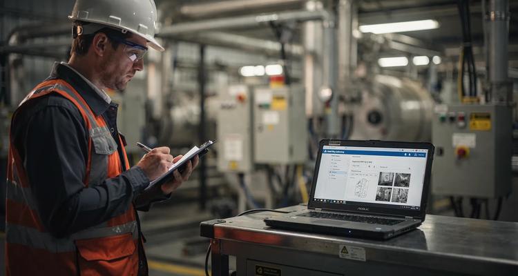 A technician holding a clipboard next to industrial equipment while another team member uploads an inspection PDF and photos to an asset record on a laptop, with the laptop screen facing the viewer correctly.