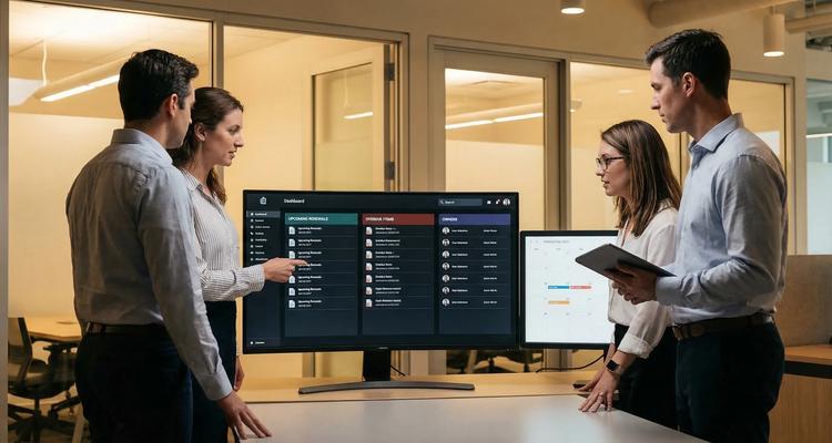 A compliance operations team reviewing a centralized dashboard that shows upcoming renewals, overdue items, and owners, with a calendar view beside it and attached documents icons on each item.