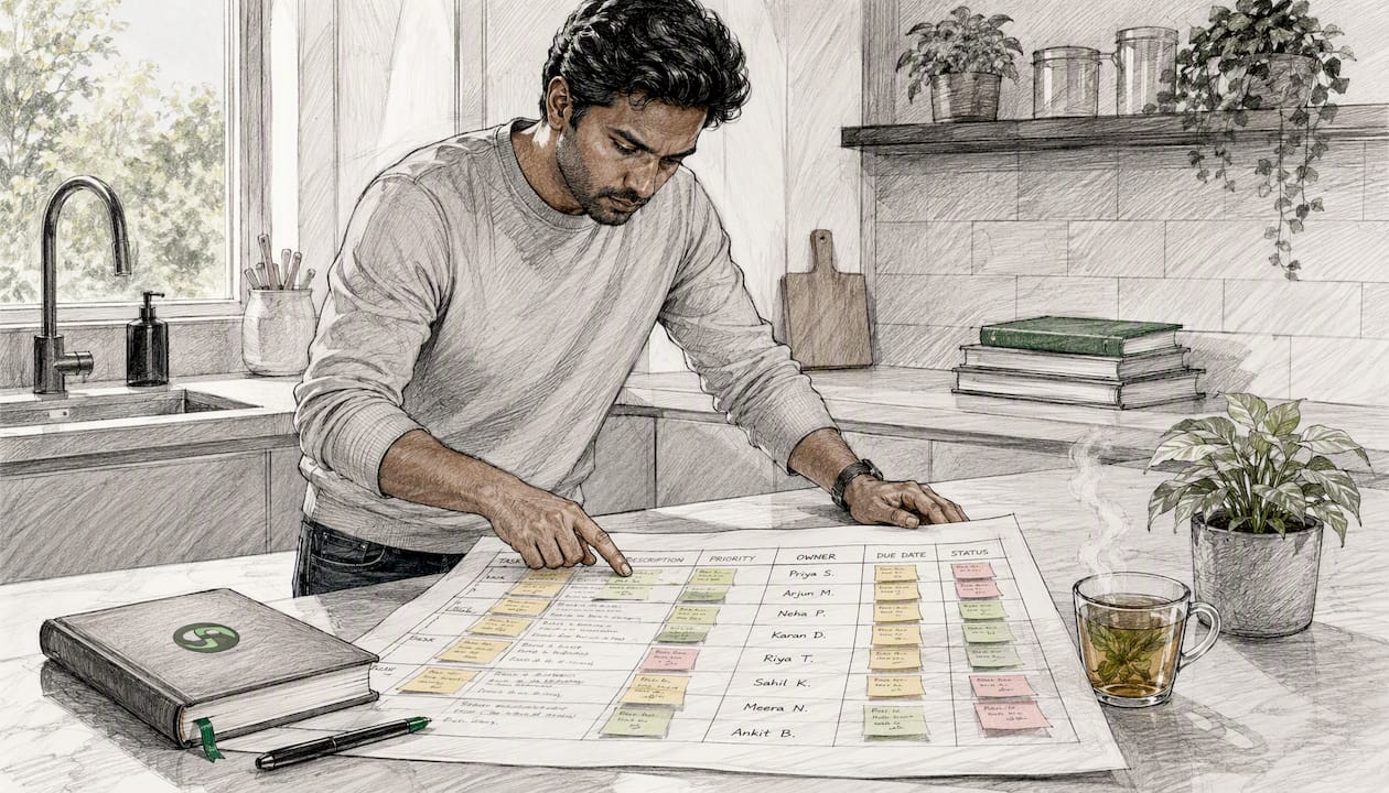 Man identifying task owners on whiteboard