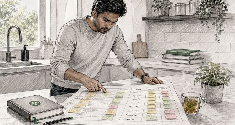 Man identifying task owners on whiteboard
