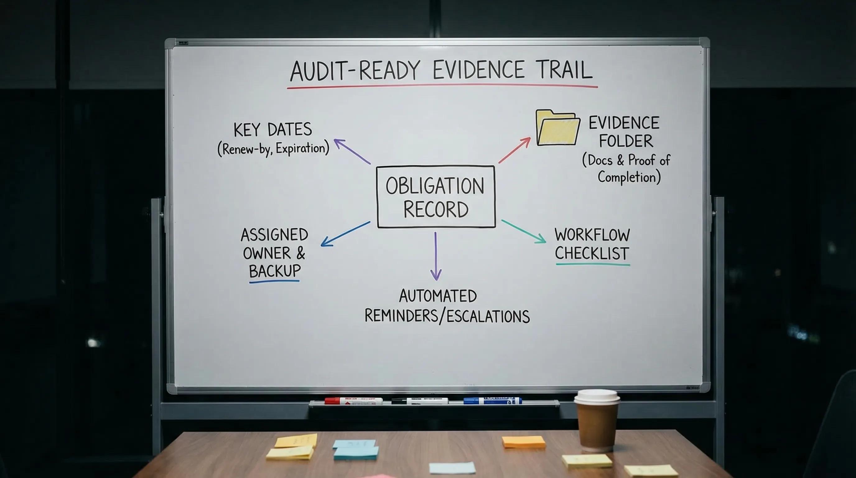 A simple diagram showing an audit-ready evidence trail: a single obligation record links to key dates (renew-by and expiration), assigned owner and backup, automated reminders/escalations, a workflow checklist, and an evidence folder with attached documents and proof of completion.