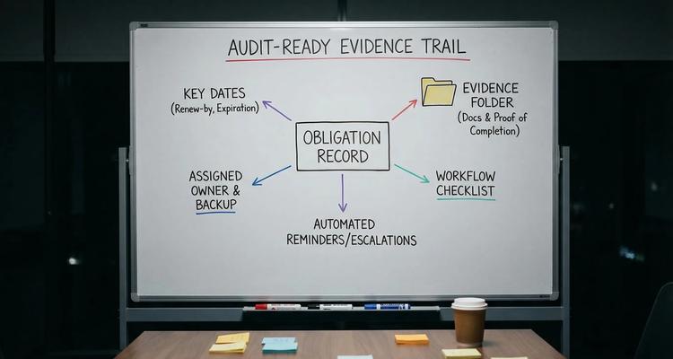 A simple diagram showing an audit-ready evidence trail: a single obligation record links to key dates (renew-by and expiration), assigned owner and backup, automated reminders/escalations, a workflow checklist, and an evidence folder with attached documents and proof of completion.