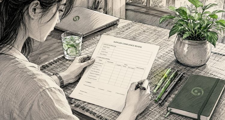 Hands writing supplier compliance checklist