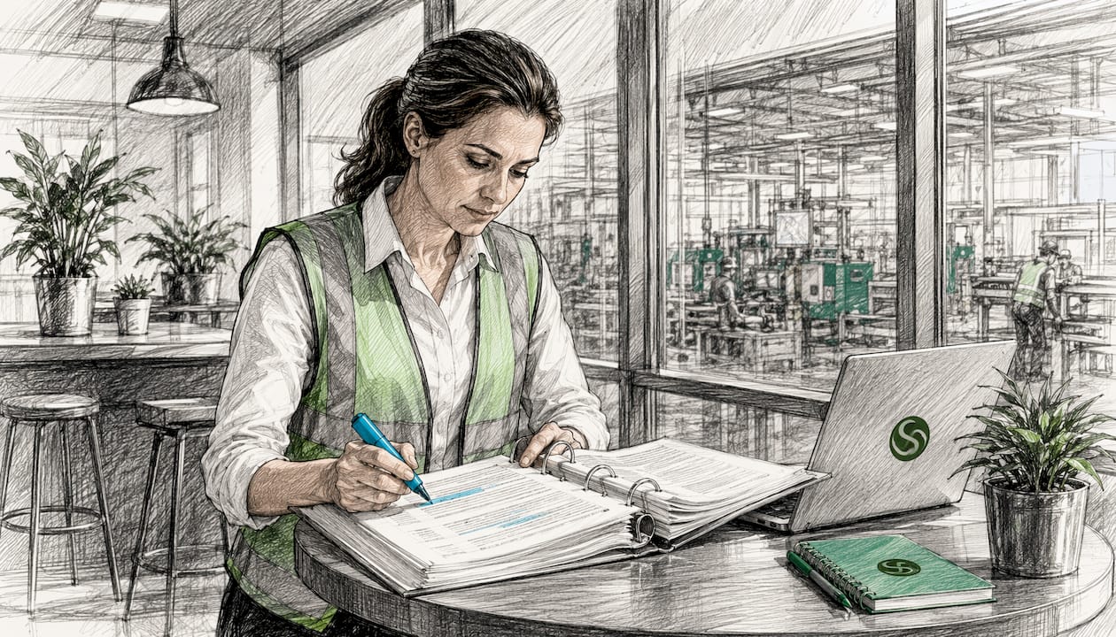 Manager reviewing manufacturing compliance binder
