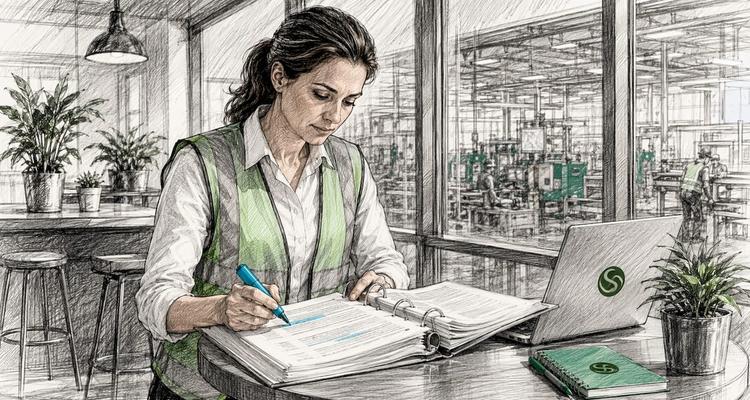 Manager reviewing manufacturing compliance binder