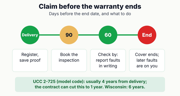 Equipment warranty tracking timeline: register at delivery, amber at 90 days, inspect by the check-by date 60 days before the end date, report faults in writing, and know the UCC limitation period