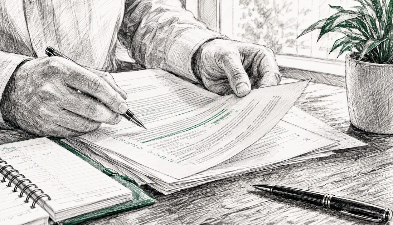 Hands reviewing compliance binder on desk