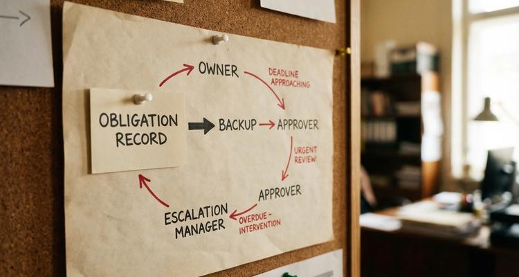 Simple diagram showing a workflow ownership model: an obligation record at the center connected to Owner, Backup, Approver, and Escalation Manager, with arrows showing how responsibility moves as deadlines approach.