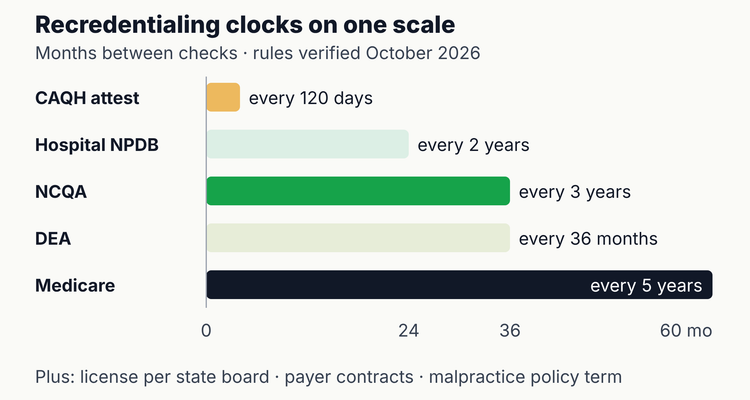 Credentialing checklist clocks on one scale: CAQH attestation every 120 days, hospital NPDB query every 2 years, NCQA recredentialing every 3 years, DEA every 36 months and Medicare revalidation every 5 years