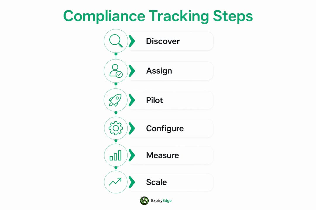 Infographic illustrating six steps of compliance tracking