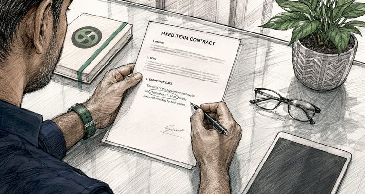 Hands reviewing fixed-term contract document