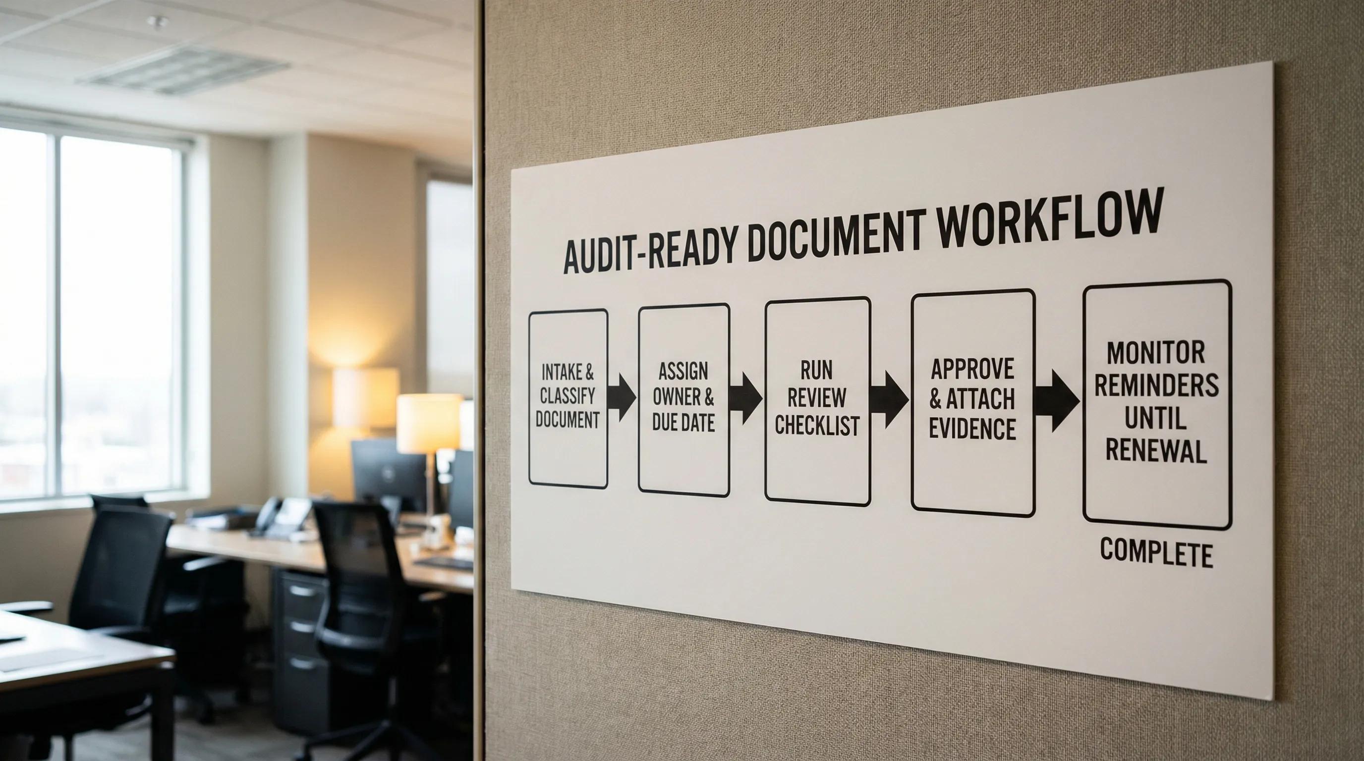 A simple diagram showing an audit-ready document workflow: intake and classify document, assign owner and due date, run review checklist, approve and attach evidence, monitor reminders until renewal is complete. The diagram uses five labeled boxes connected left to right with arrows.