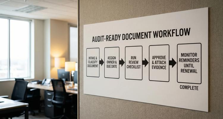A simple diagram showing an audit-ready document workflow: intake and classify document, assign owner and due date, run review checklist, approve and attach evidence, monitor reminders until renewal is complete. The diagram uses five labeled boxes connected left to right with arrows.