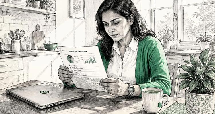 Woman reviewing deadline tracking documents at desk
