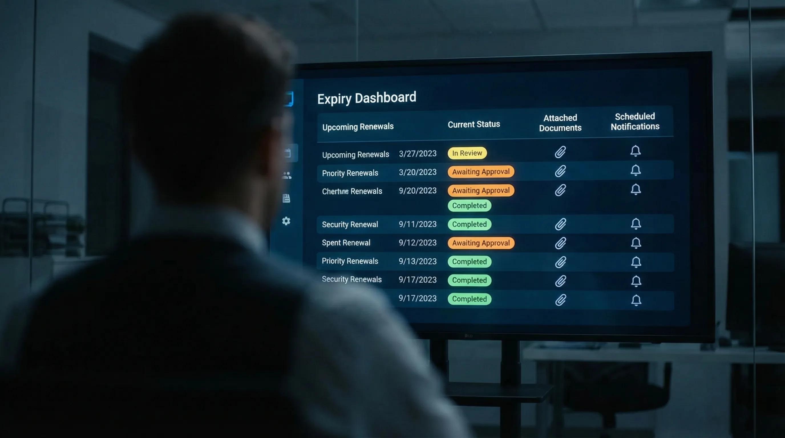 A centralized expiry dashboard showing upcoming renewal dates, current status (in review, awaiting approval, completed), and icons indicating attached documents and scheduled reminder notifications.