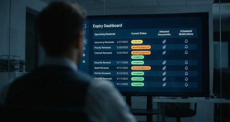 A centralized expiry dashboard showing upcoming renewal dates, current status (in review, awaiting approval, completed), and icons indicating attached documents and scheduled reminder notifications.
