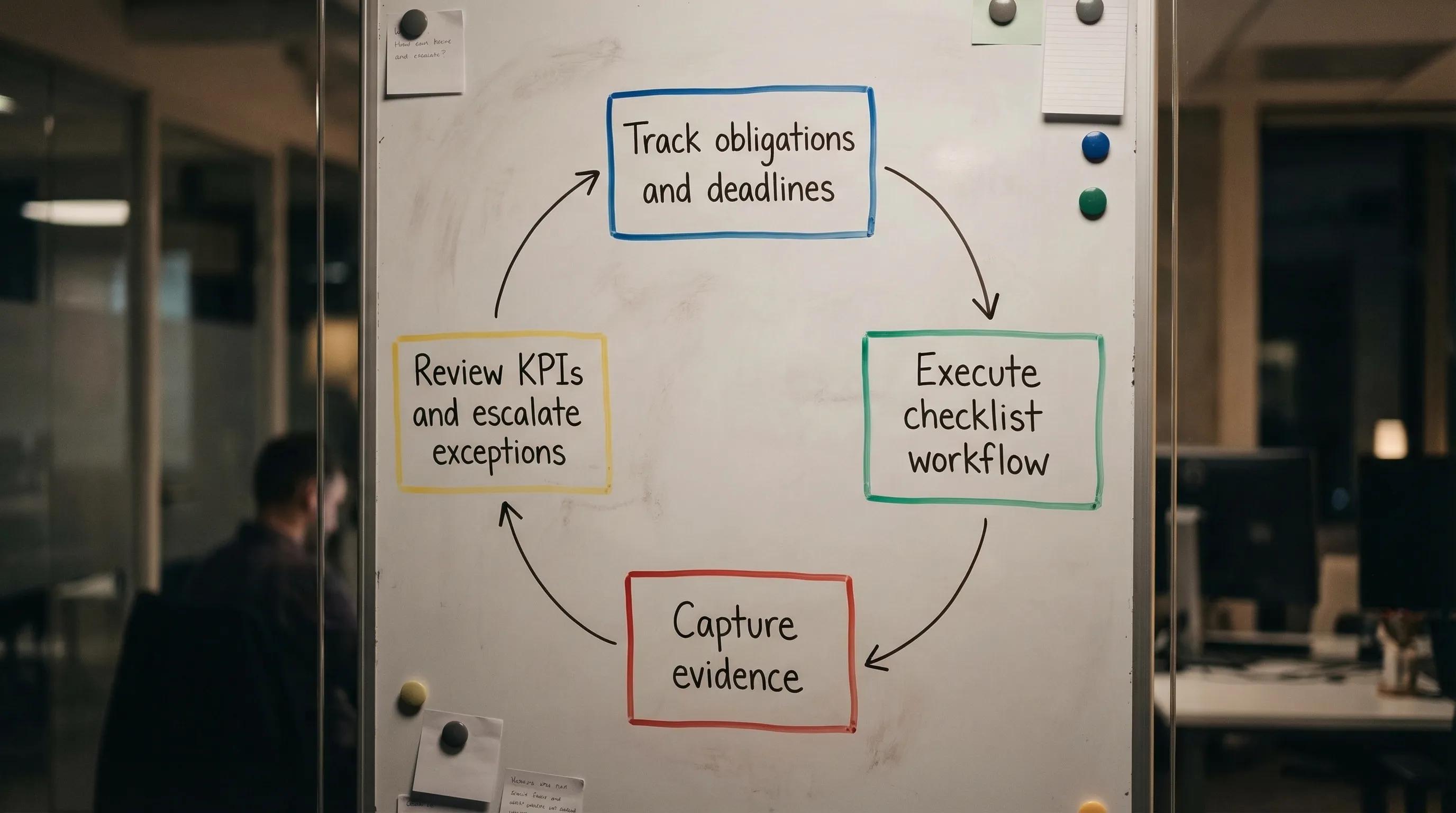 A simple compliance monitoring loop diagram with four nodes connected in a circle: Track obligations and deadlines, Execute checklist workflow, Capture evidence, Review KPIs and escalate exceptions.
