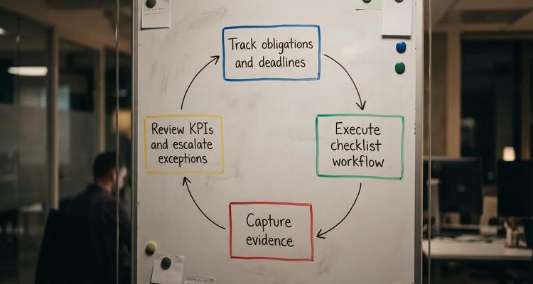 A simple compliance monitoring loop diagram with four nodes connected in a circle: Track obligations and deadlines, Execute checklist workflow, Capture evidence, Review KPIs and escalate exceptions.