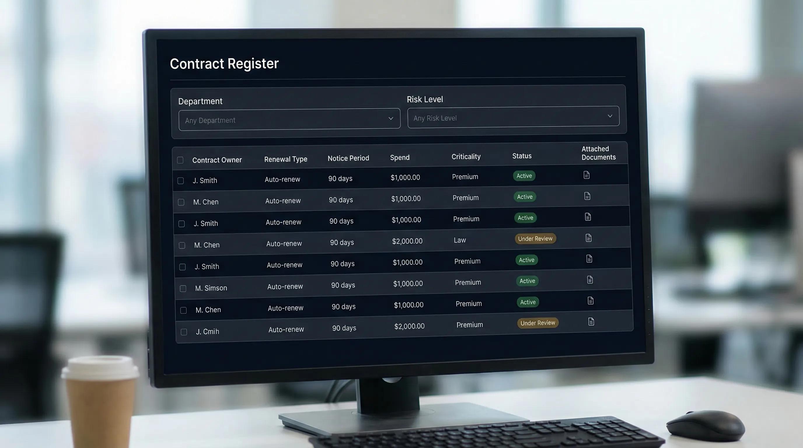 An example contract register dashboard showing key non-date fields: contract owner, renewal type, notice period, spend, criticality, status, and attached documents, arranged in a clean table with filters for department and risk.