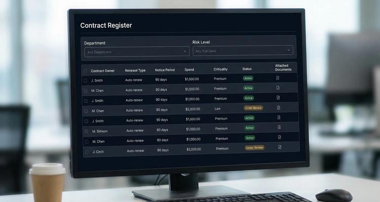 An example contract register dashboard showing key non-date fields: contract owner, renewal type, notice period, spend, criticality, status, and attached documents, arranged in a clean table with filters for department and risk.