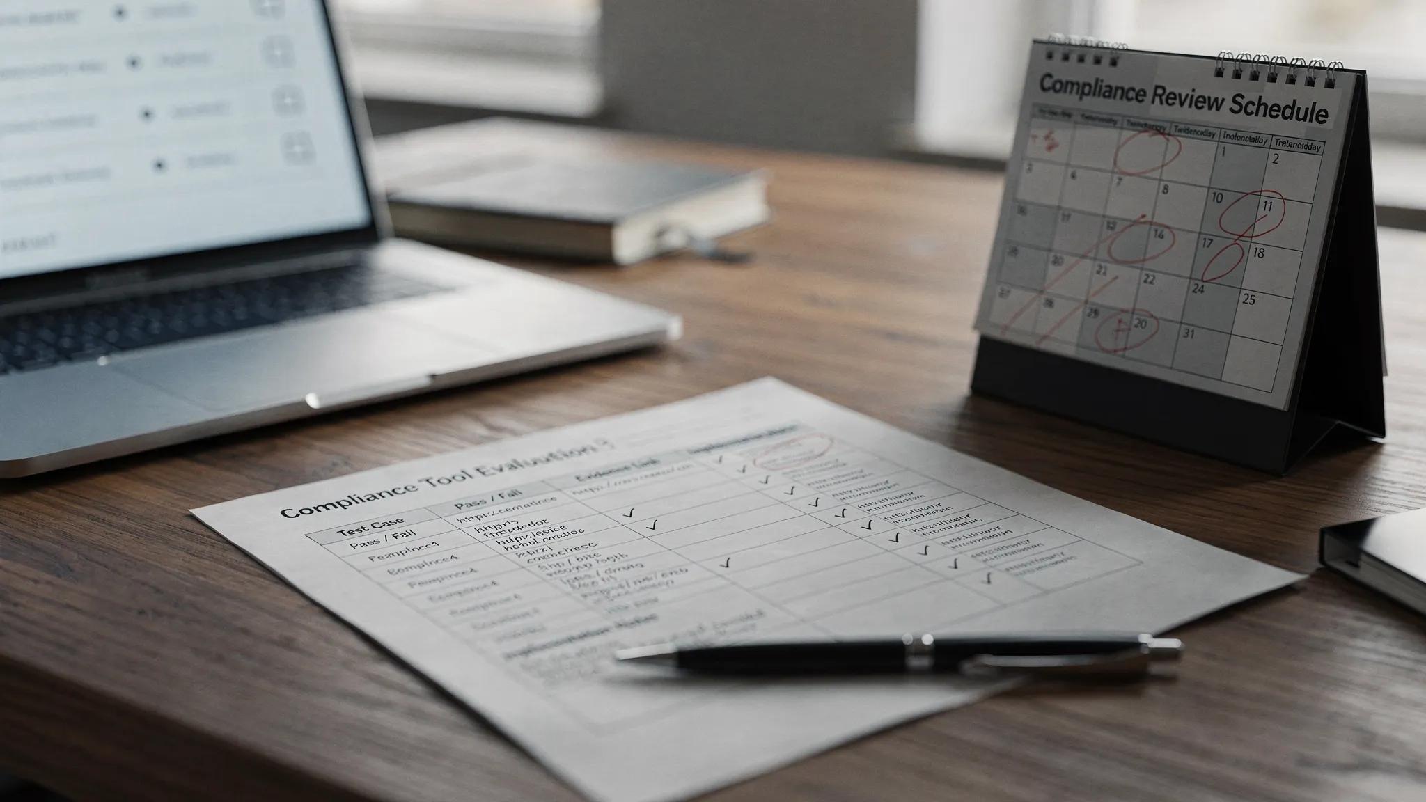 A simple compliance tool evaluation worksheet on a desk, showing columns for pass/fail tests, evidence links, and implementation notes, next to a laptop and a calendar.