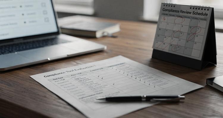 A simple compliance tool evaluation worksheet on a desk, showing columns for pass/fail tests, evidence links, and implementation notes, next to a laptop and a calendar.