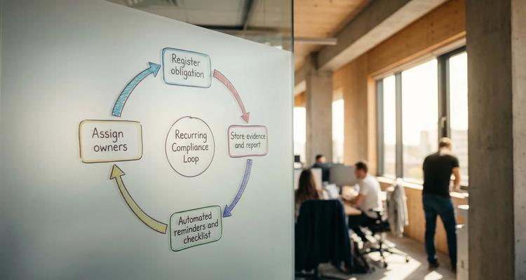 A simple diagram showing a recurring compliance loop with four labeled steps: Register obligation, Assign owners, Automated reminders and checklist, Store evidence and report.