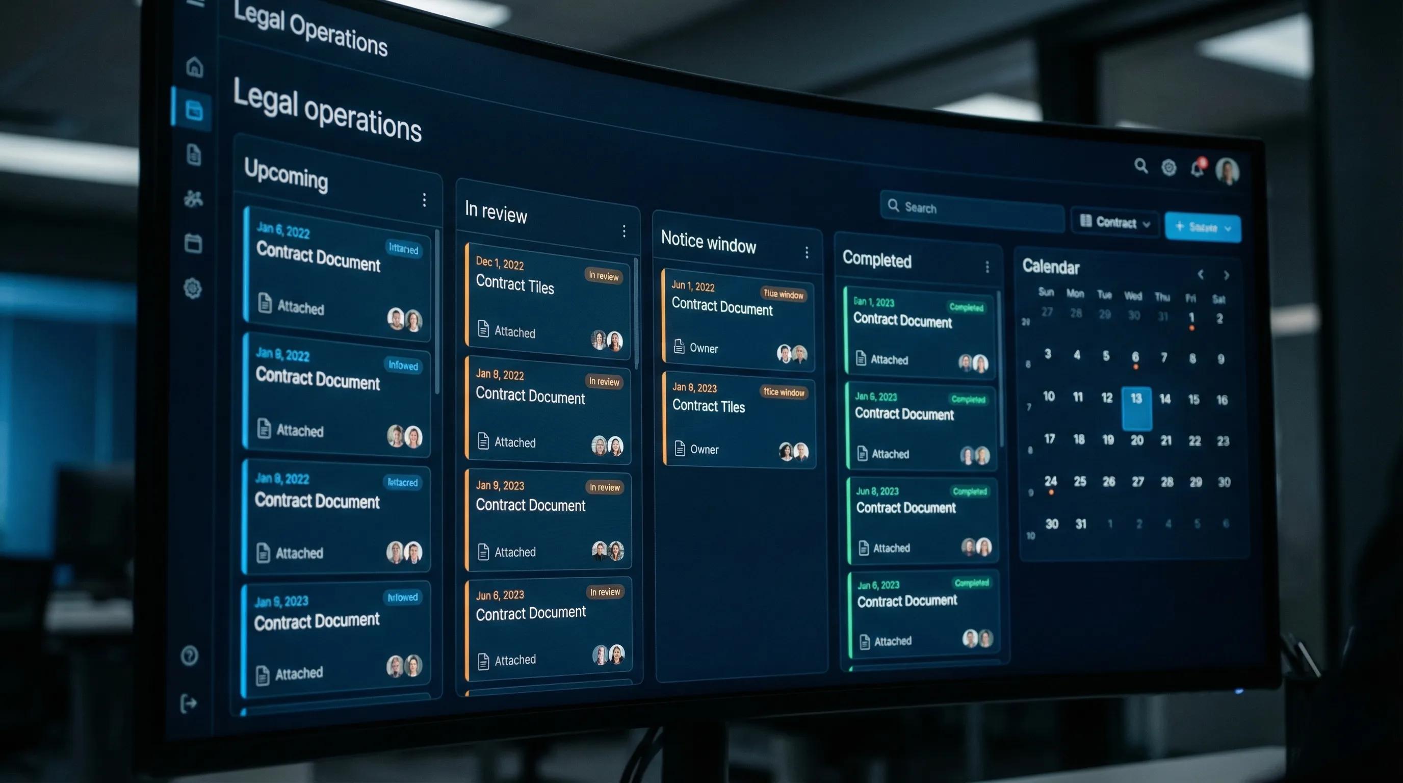 A legal operations dashboard concept showing contract deadline status columns (Upcoming, In review, Notice window, Completed), with a calendar view on the side and icons indicating attached documents and assigned owners.