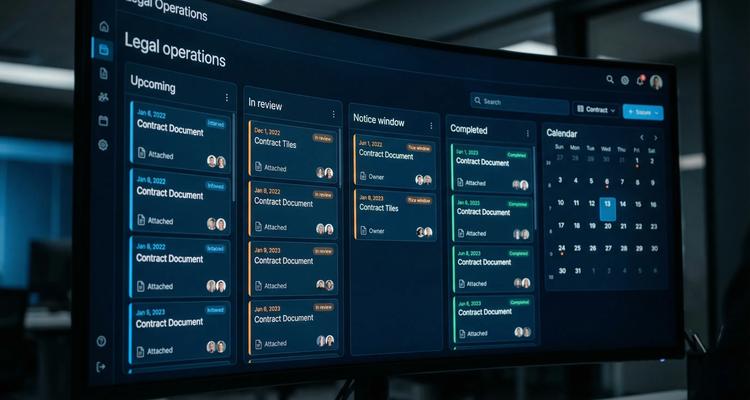 A legal operations dashboard concept showing contract deadline status columns (Upcoming, In review, Notice window, Completed), with a calendar view on the side and icons indicating attached documents and assigned owners.