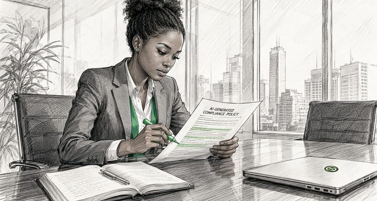 Hands highlighting AI compliance policy document