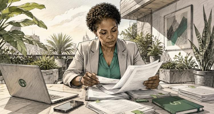 Operations manager reviewing lease documents at office table