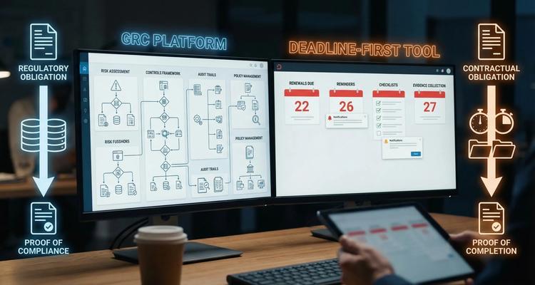 A simple side-by-side visual comparing a GRC platform (risk, controls, audits, policies) versus a deadline-first tool (renewals, reminders, checklists, evidence), with arrows showing how work flows from obligation to proof.