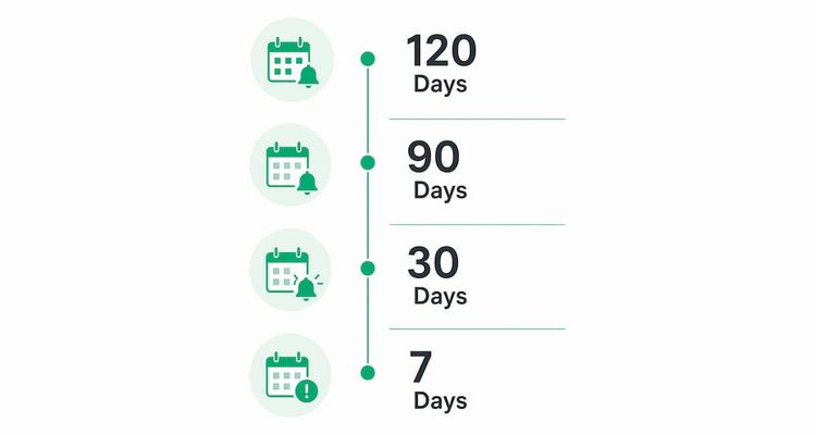 Infographic showing renewal alert timeline stages