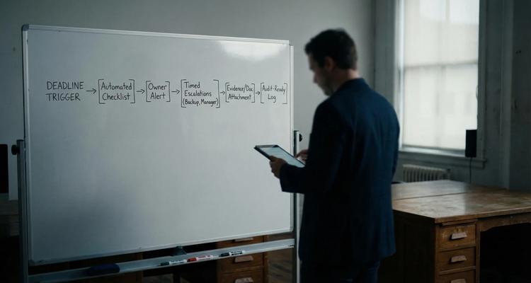 A simple workflow diagram showing a deadline trigger leading to an automated checklist, then an owner alert, then timed escalations to backup and manager, ending with evidence/document attachment and an audit-ready log.