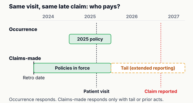 Malpractice insurance tracking timeline comparing claims-made cover, with a retroactive date, a policy period and a tail extended reporting period, against occurrence cover for the same patient visit and a claim reported two years later