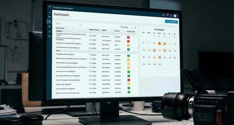 A compliance dashboard concept showing a list of obligations with renew-by dates, owners, statuses, and colored alert stages, alongside a simple monthly calendar view with upcoming deadlines highlighted.