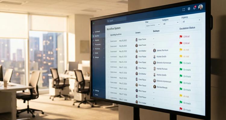 A centralized expiry and workflow dashboard showing upcoming deadlines, owners, backups, and escalation status flags, with filters for category and urgency.