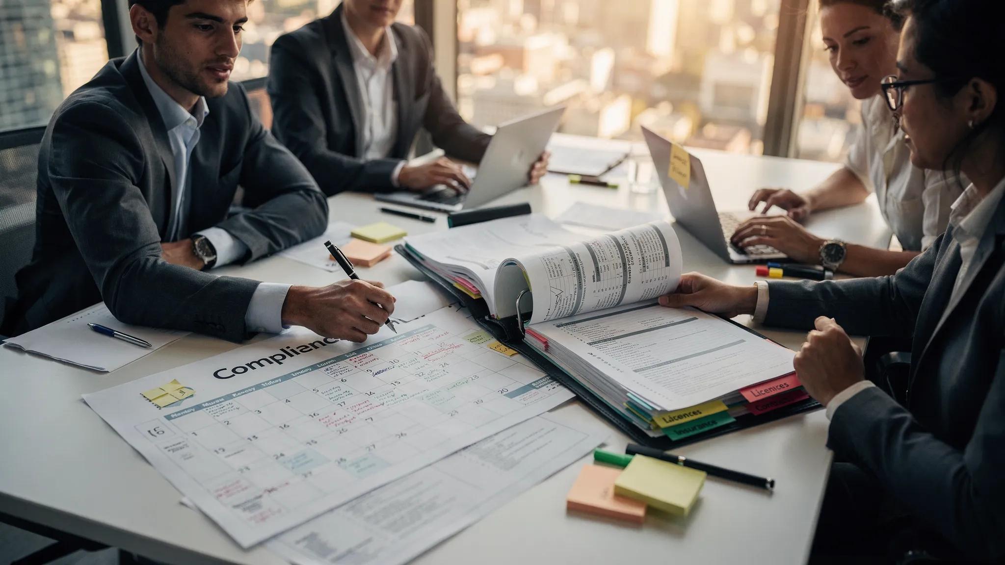 A small operations team reviewing a printed compliance calendar and a binder of renewal documents on a conference table, with labeled tabs for licenses, insurance, and contracts.