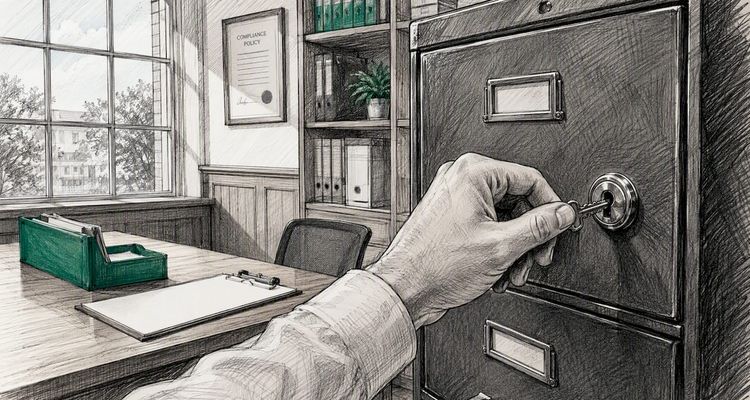 Hand locking filing cabinet representing audit trail