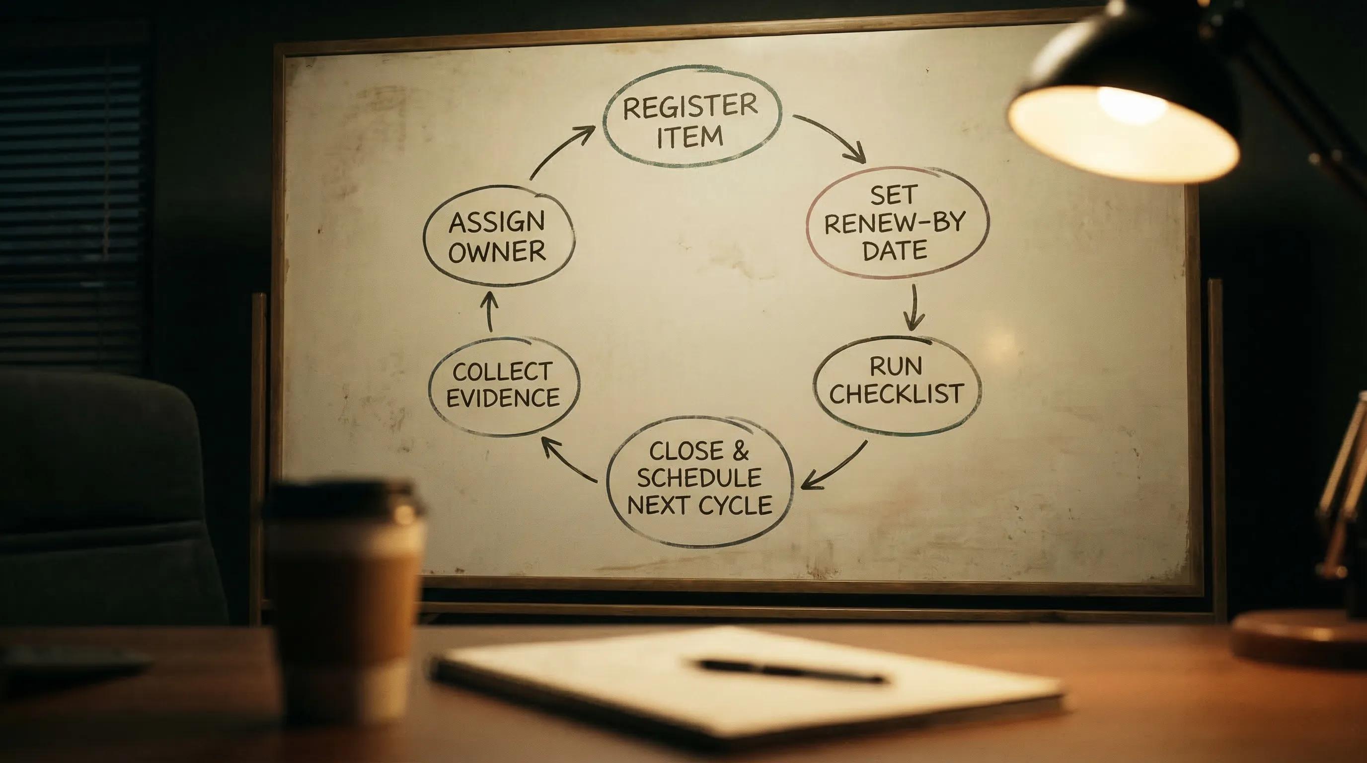 Simple diagram showing a recurring deadline lifecycle: Register item, set renew-by date, assign owner, run checklist, collect evidence, close and schedule next cycle.