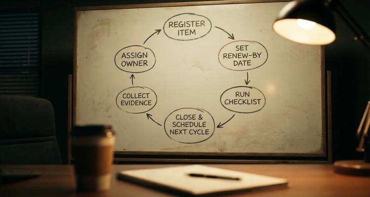 Simple diagram showing a recurring deadline lifecycle: Register item, set renew-by date, assign owner, run checklist, collect evidence, close and schedule next cycle.
