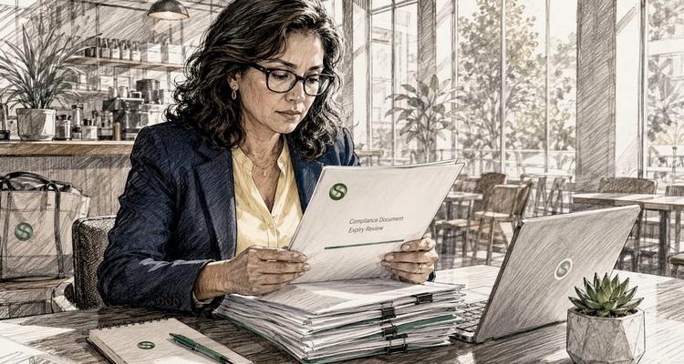 Woman reviewing compliance expiry documents at office desk