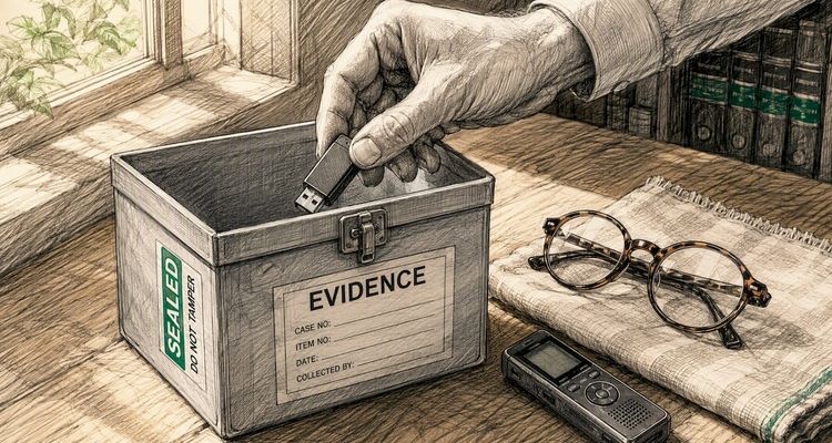 Hand placing USB drive in evidence box