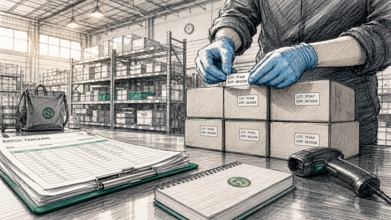 Hands labeling batch lot numbers on boxes